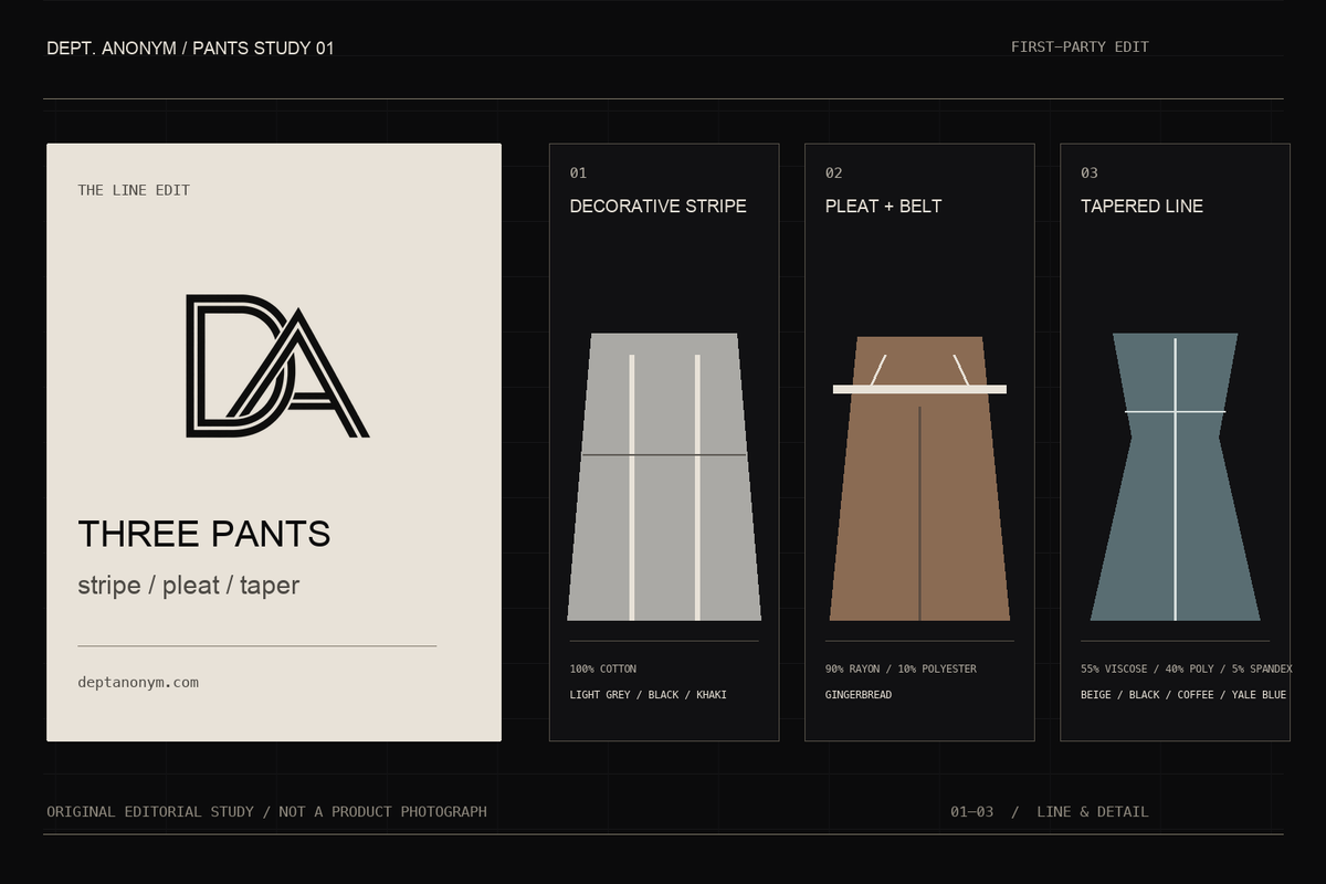 Original Dept. Anonym editorial pants study showing three abstract forms distinguished by decorative stripes, a pleat-and-belt detail and a tapered line; illustrative, not a product photograph.