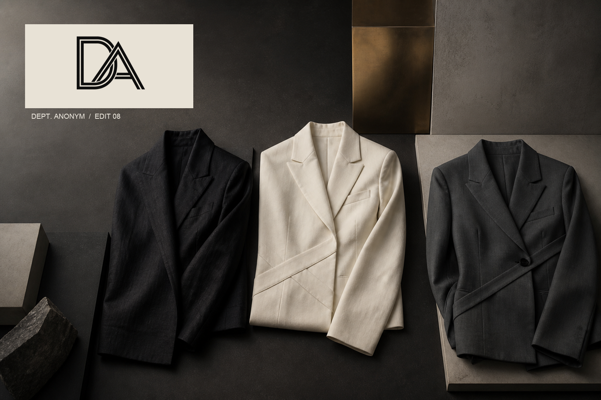 Original Dept. Anonym editorial still life of three blazer forms in black, bone and graphite, with the approved DA logo lockup; illustrative, not a product photograph.