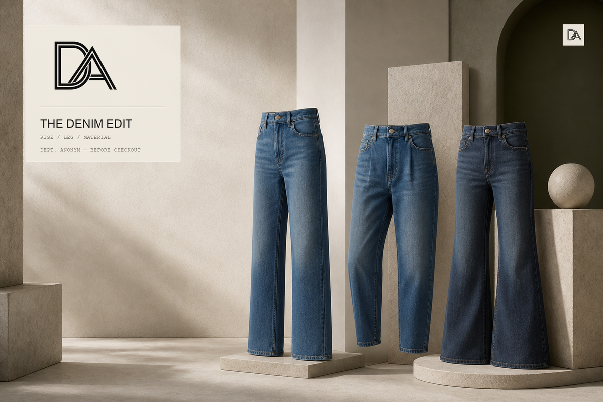 Original Dept. Anonym editorial still life of three blue denim silhouettes showing high-rise straight, high-rise tapered and high-rise flare leg lines, with the approved DA logo lockup and a small DA editorial mark.