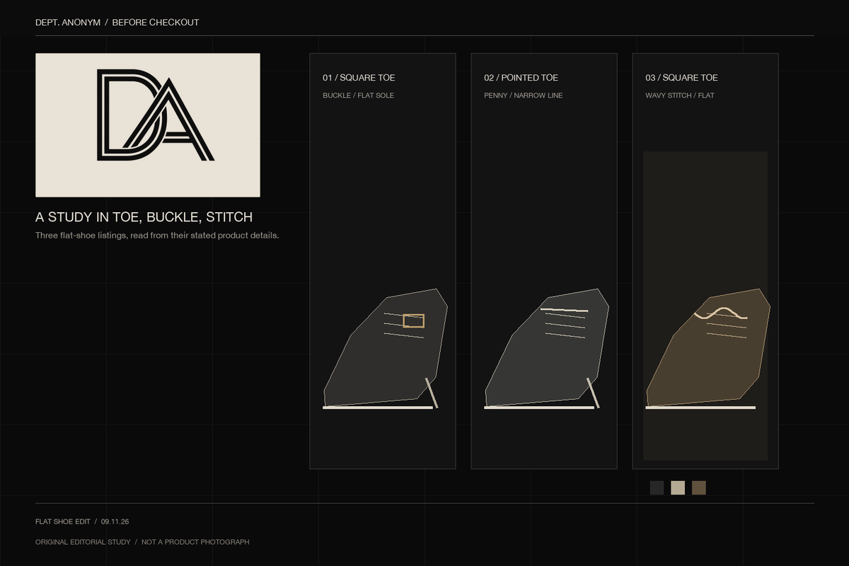 Original Dept. Anonym editorial flat-shoe study showing three abstract forms distinguished by square and pointed toe shapes, buckle, penny and wavy-stitch details; illustrative, not a product photograph.