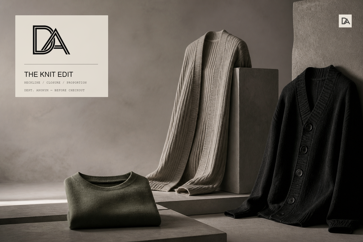 Original Dept. Anonym editorial still life of three knitwear silhouettes in mineral grey, olive and black, with the approved DA logo lockup and a small DA editorial mark.