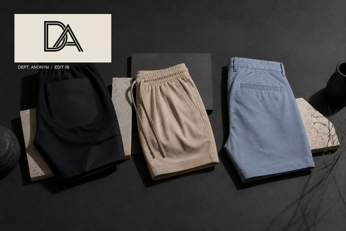Original Dept. Anonym editorial still life of three women’s shorts in obsidian, beige and muted blue, with the approved DA logo lockup.
