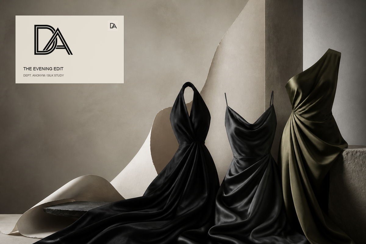 Original Dept. Anonym editorial still life of three abstract silk evening-dress silhouettes in obsidian, graphite and muted olive, with the DA logo lockup and small DA editorial mark.