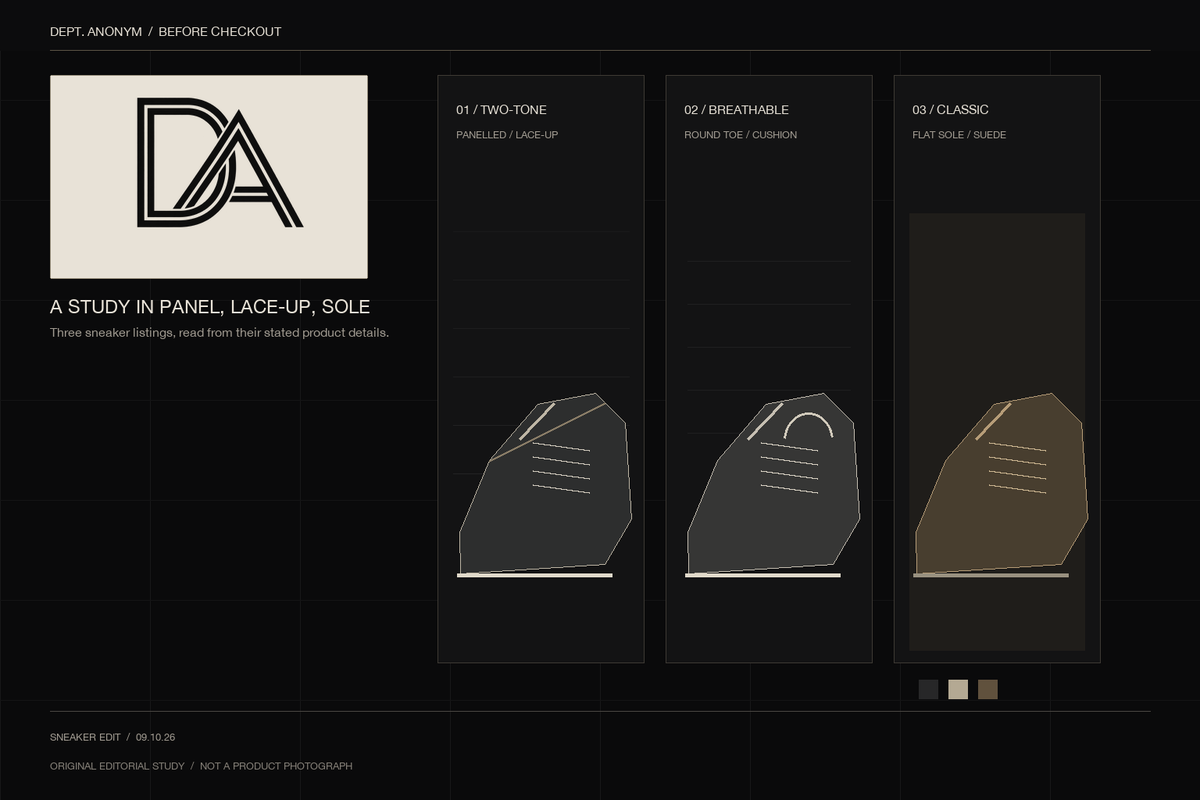 Original Dept. Anonym editorial sneaker study showing three abstract low-top forms distinguished by panel construction, lace-up detail, round toe and flat sole; illustrative, not a product photograph.