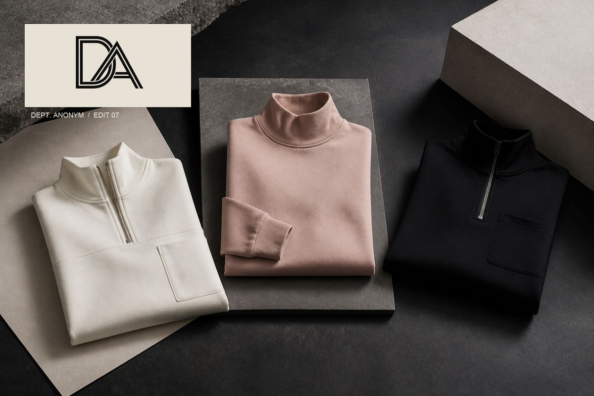 Original Dept. Anonym editorial still life of three women’s sweatshirts in cream, dusty pink and black, with the approved DA logo lockup.