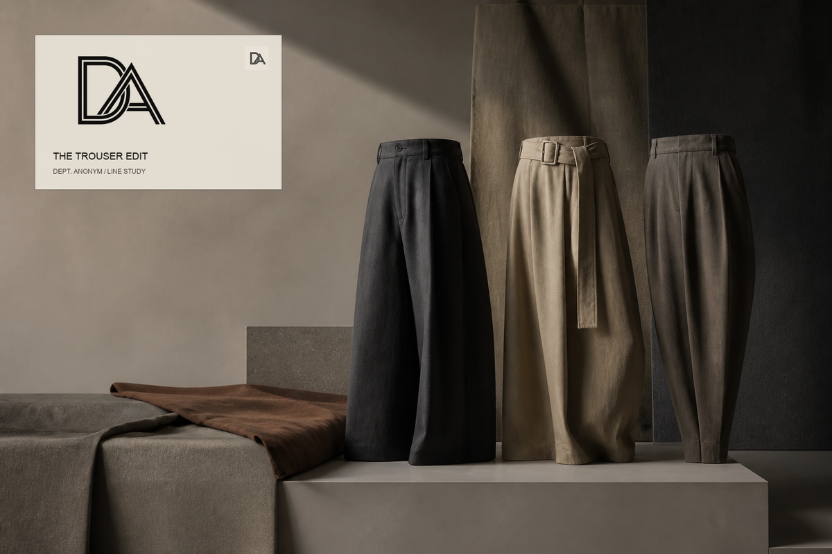 Original Dept. Anonym editorial still life of three abstract trouser silhouettes in graphite, warm khaki and mineral grey, with the DA logo lockup and small DA editorial mark.
