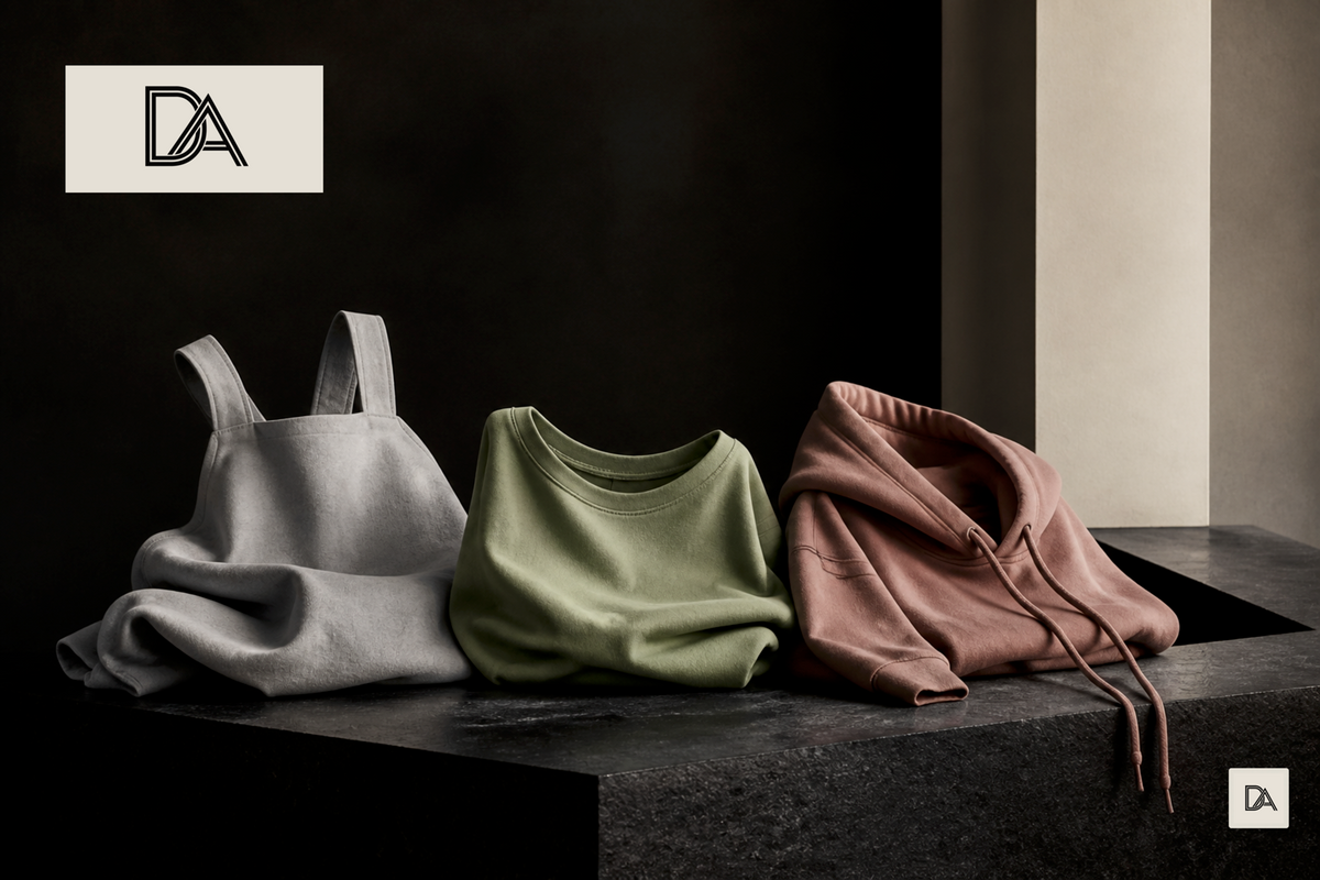 Original Dept. Anonym editorial still life of three abstract cotton silhouettes in light grey, mineral green and dusty rose with DA editorial marks.