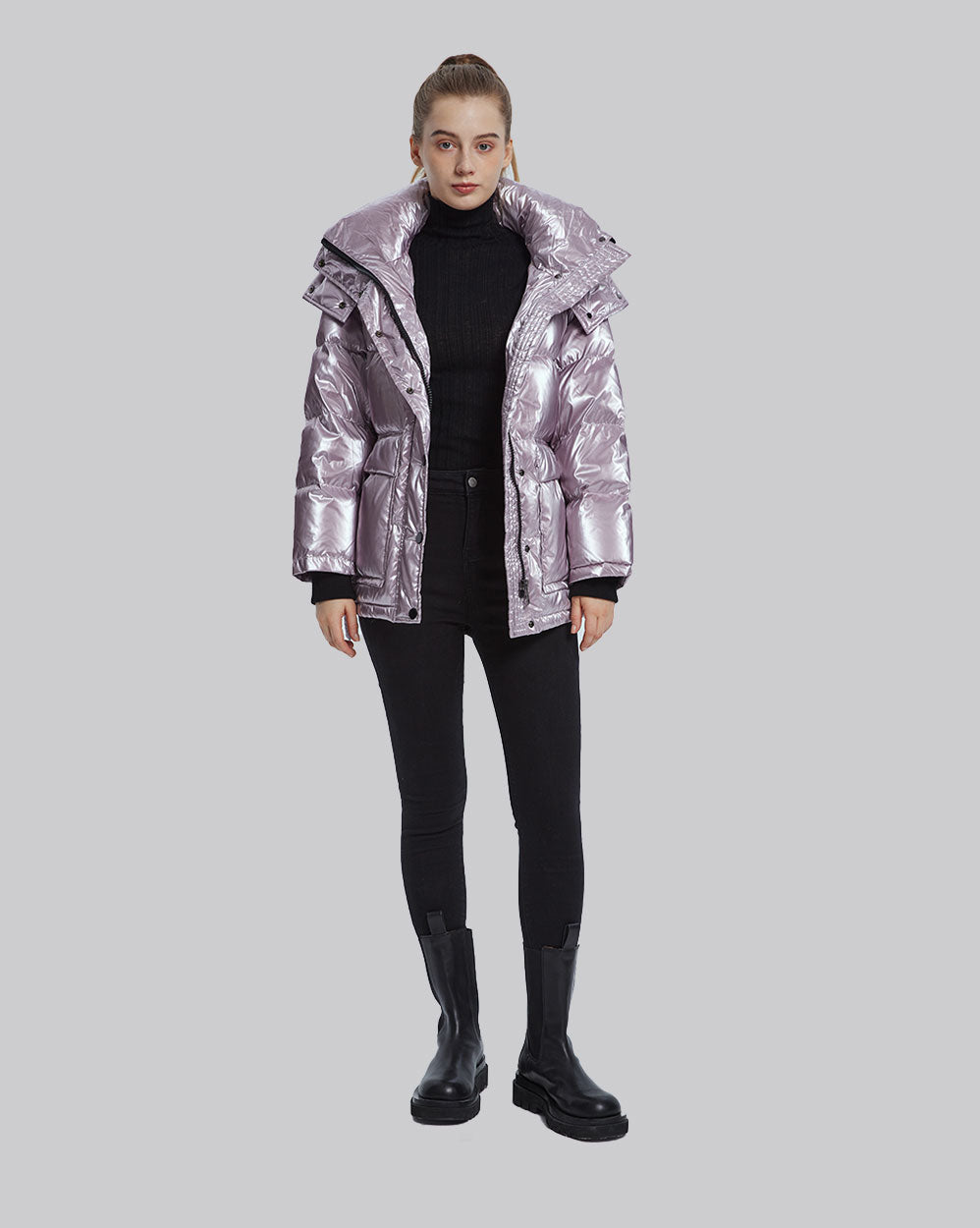 Shiny Belted Puffer Jacket - Pink, M image