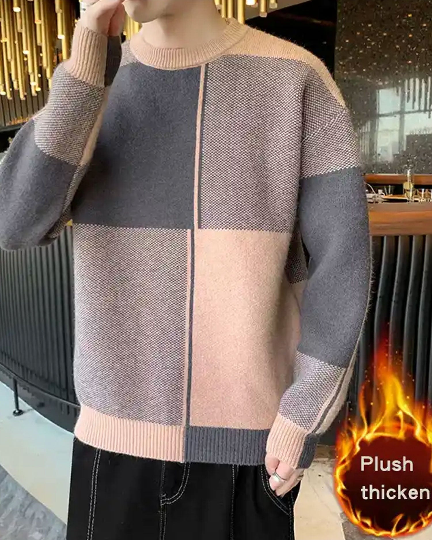Knitted Colorblock Crew Jumper - Dusty Pink, L image