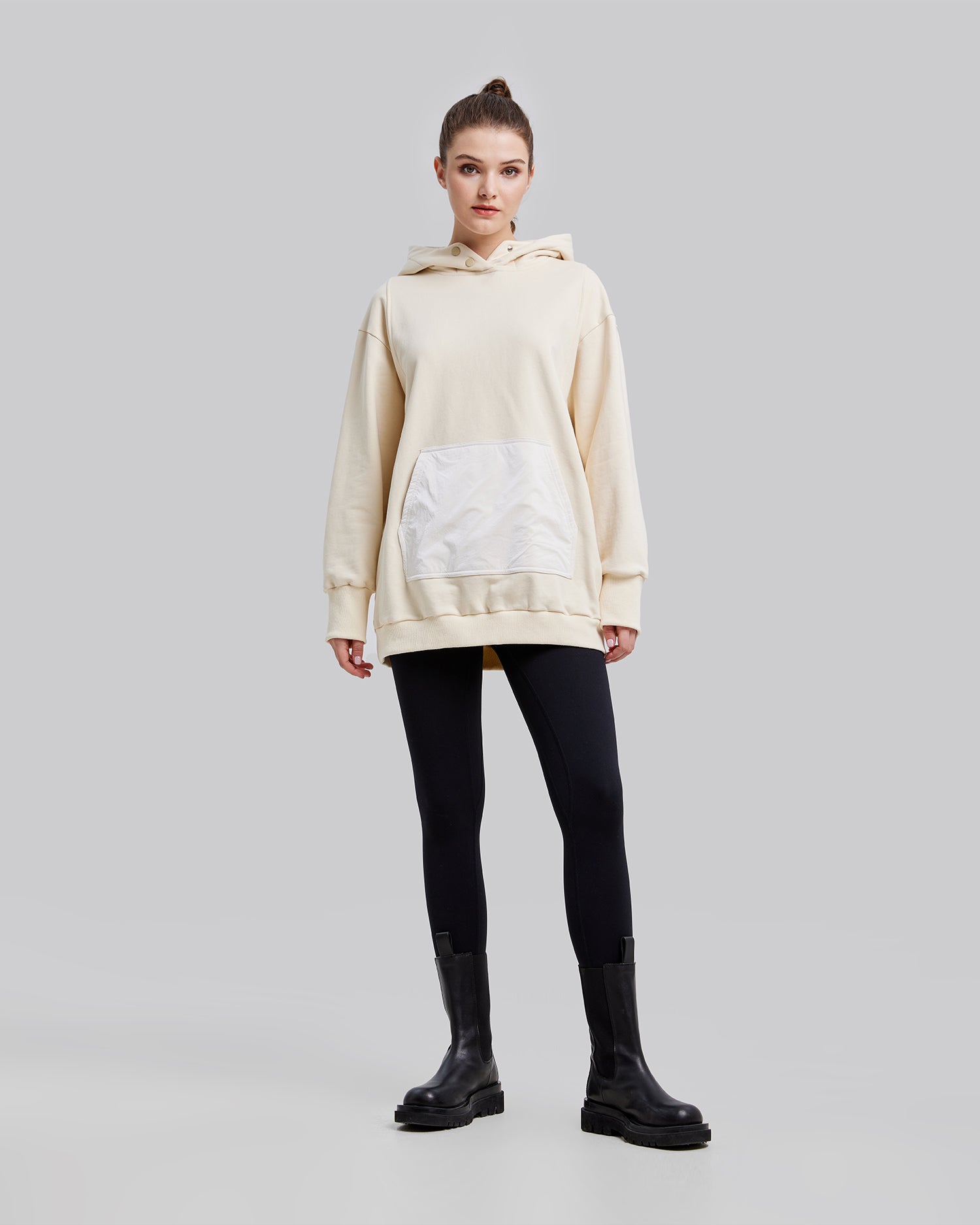 Buttoned High-Neck Hoodie - Cream, S image