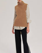 Turtleneck Knitted Pure Merino Wool Vest - Camel, XXL image