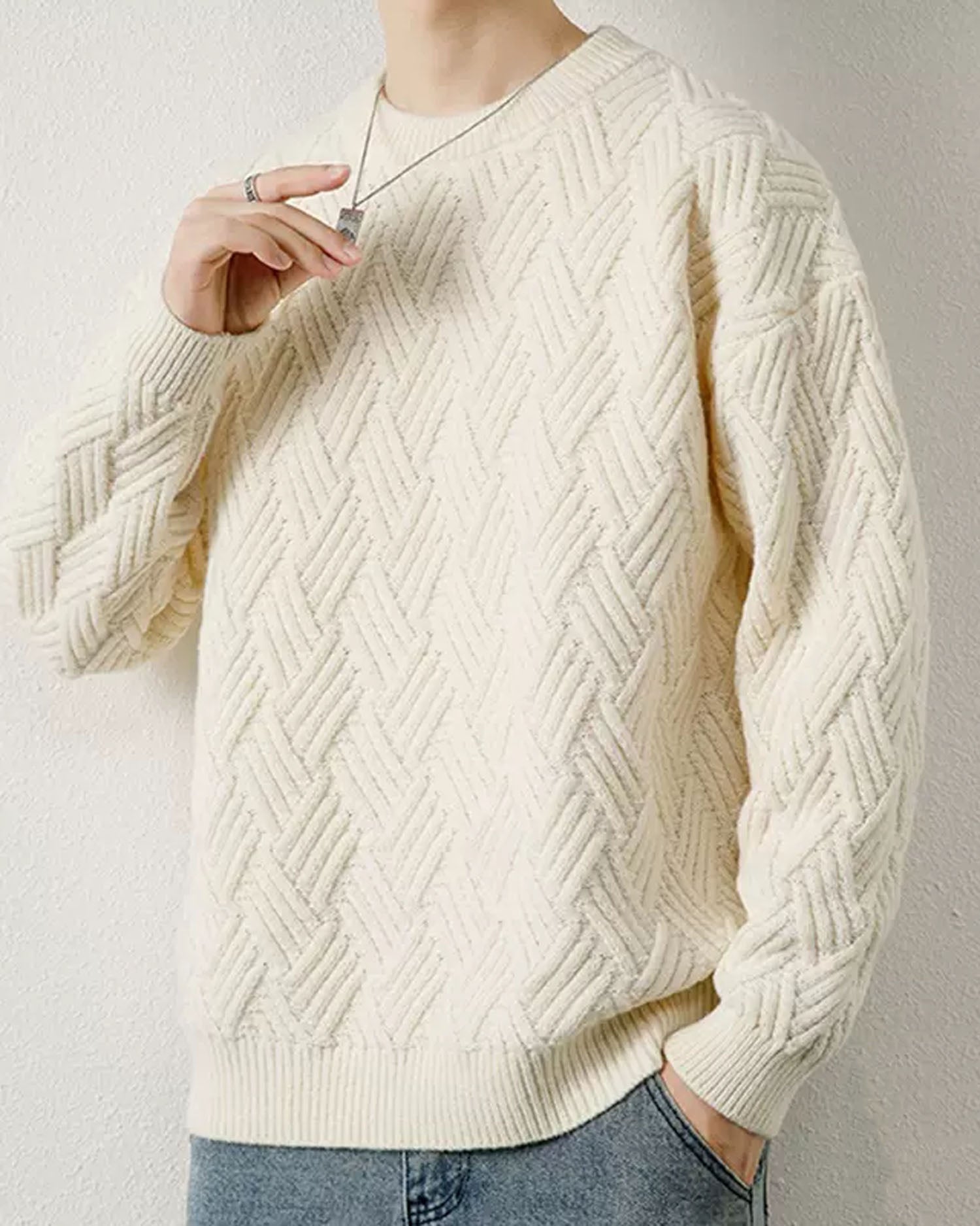 Crewneck Cable-Knit Jumper - Ivory, XL image