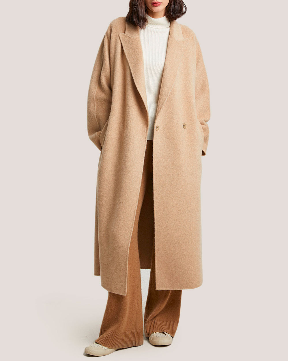 Belted Hidden Button Pure Camel Coat - Beige, S image