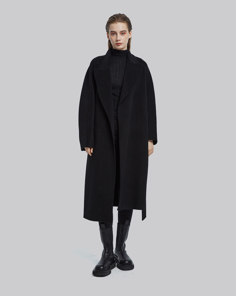 Woolen Long Wrap Coat - Black, L image