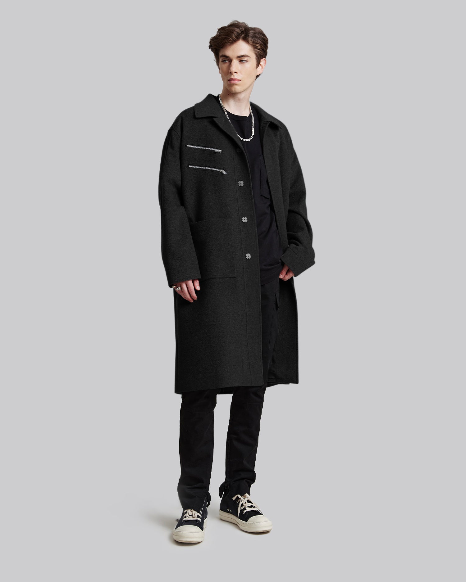 Double Zipper Wool Coat - Black, L image