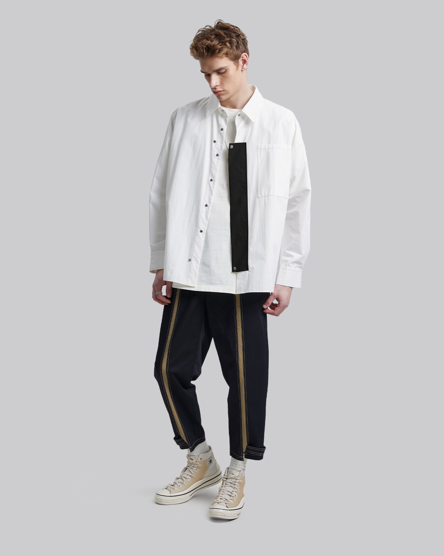 Unique Placket Shirt - White &amp; Black, M image