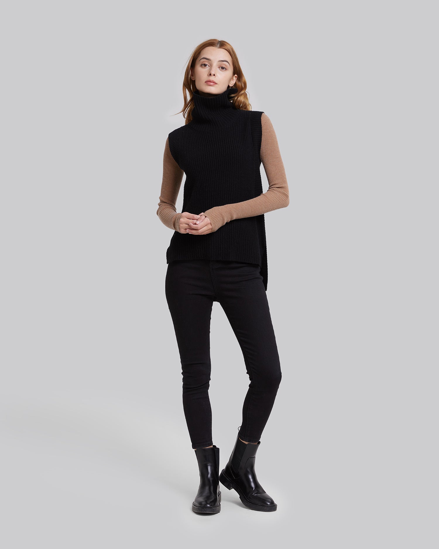 Turtleneck Knitted Pure Merino Wool Vest - Black, XL image