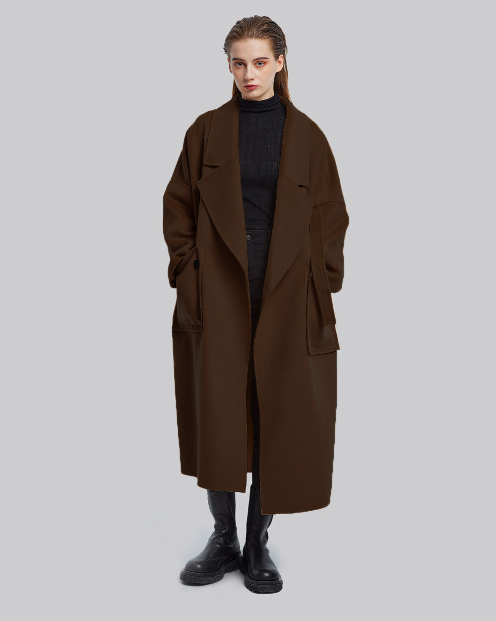 Long Wool Coat with Ribbons - Coffee, XS image