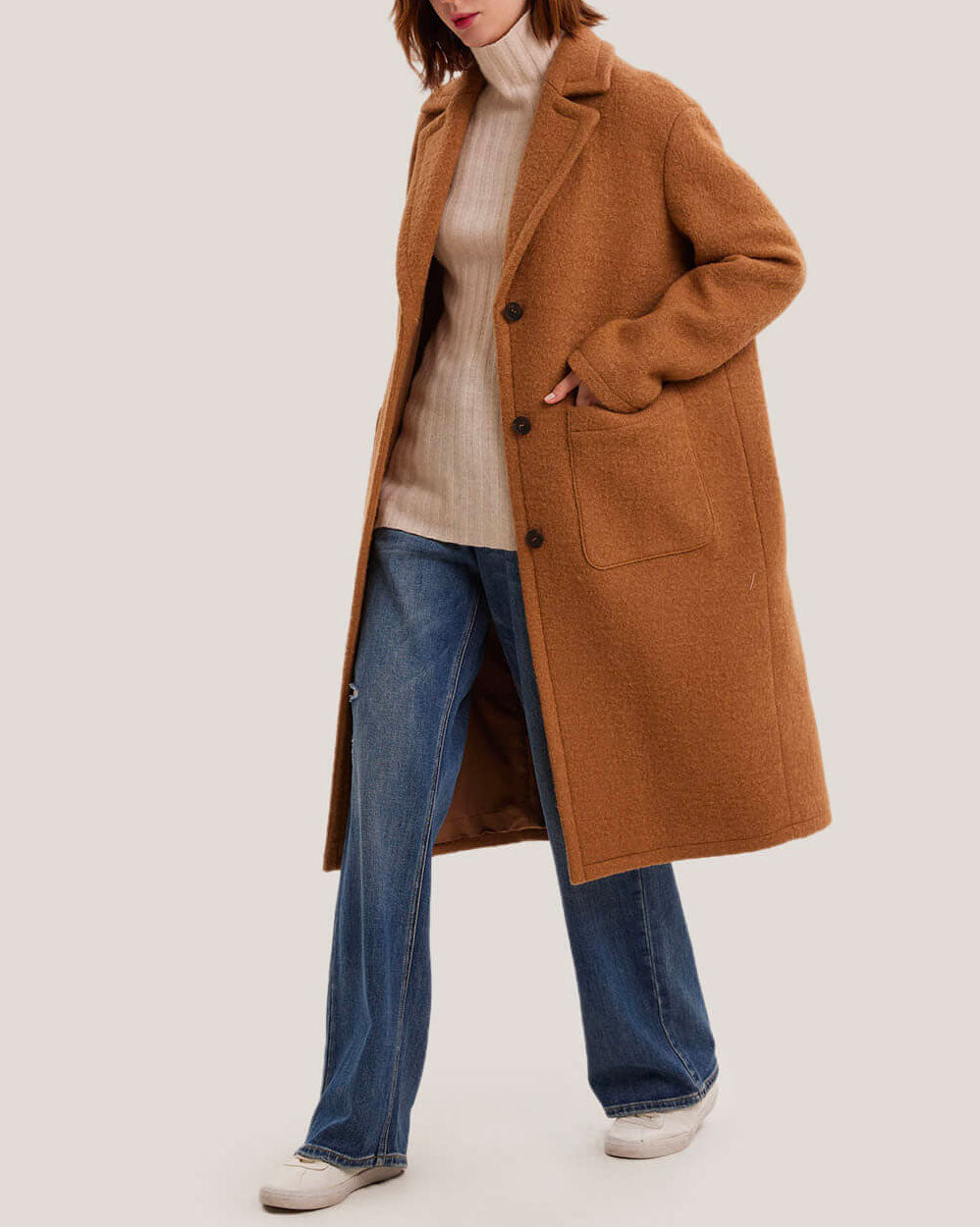 Notch Lapel Midi Length 100% Wool Coat - Brown, L image