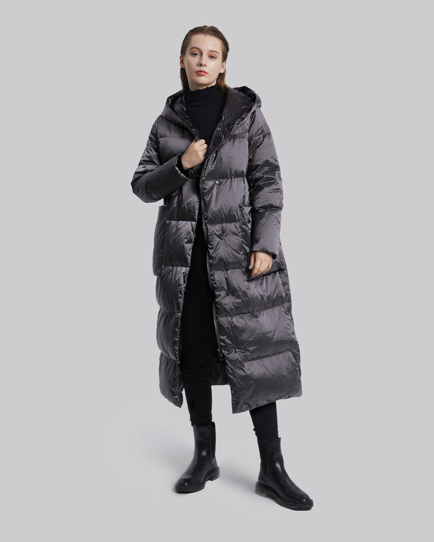 Calf-Length Hooded Jacket - Silver, L image