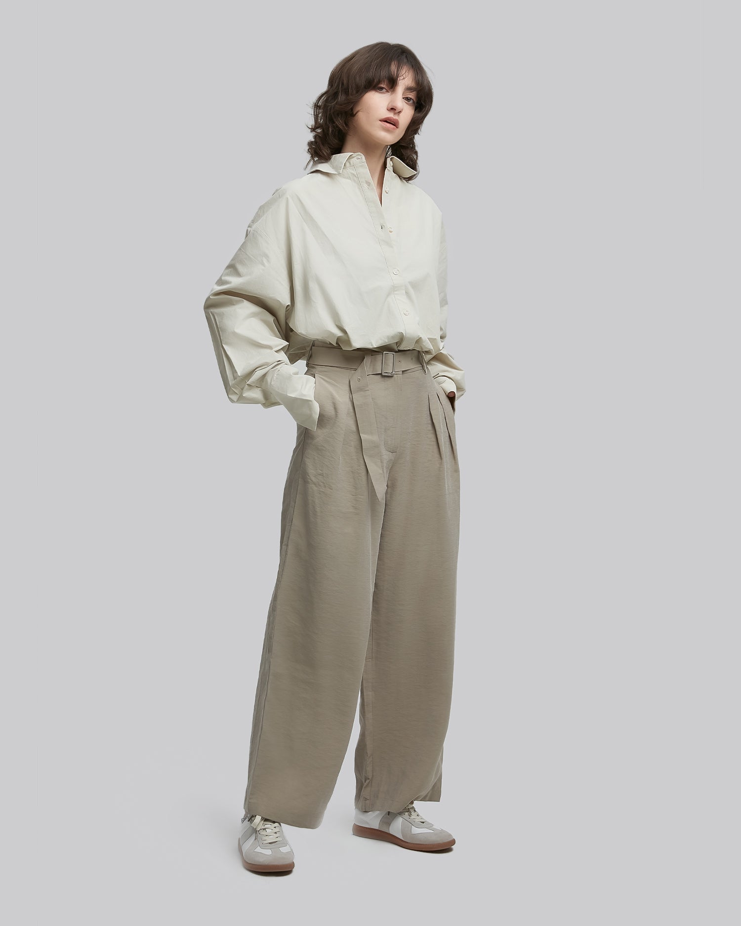 Solid Pleat Belted Loose Pants - Gingerbread, S image