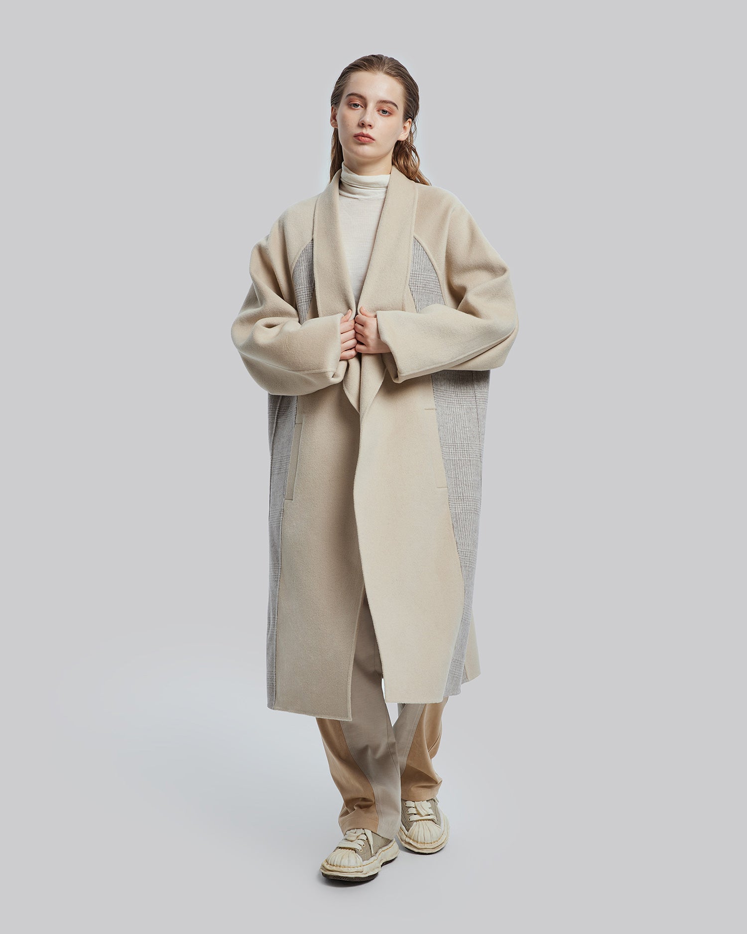 Beige Boxy Lapel Wool Coat - Beige, S image