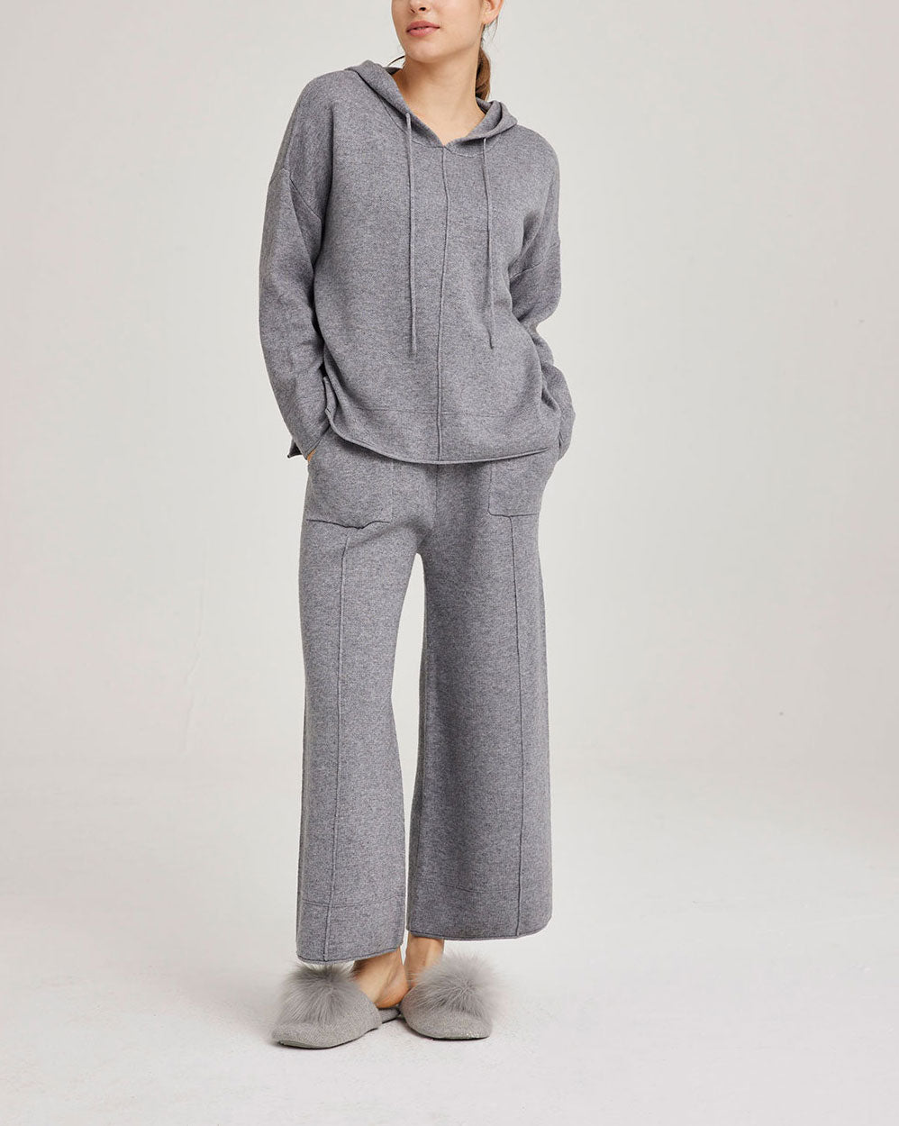 Side Slit Woolen Hoodie Set - Morning fog, S image