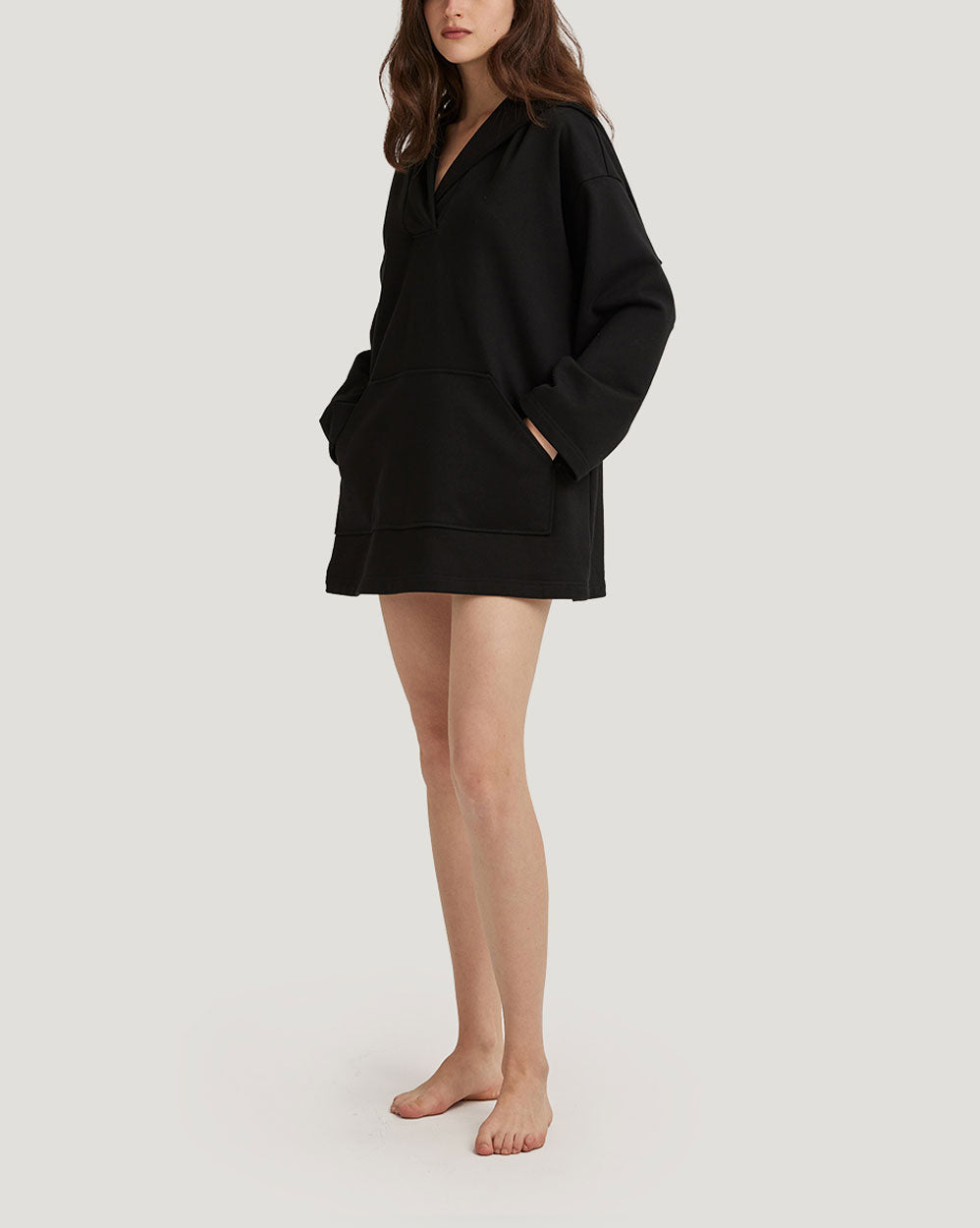 Cotton V-Neck Wide-Sleeve Hoodie - Black, M image