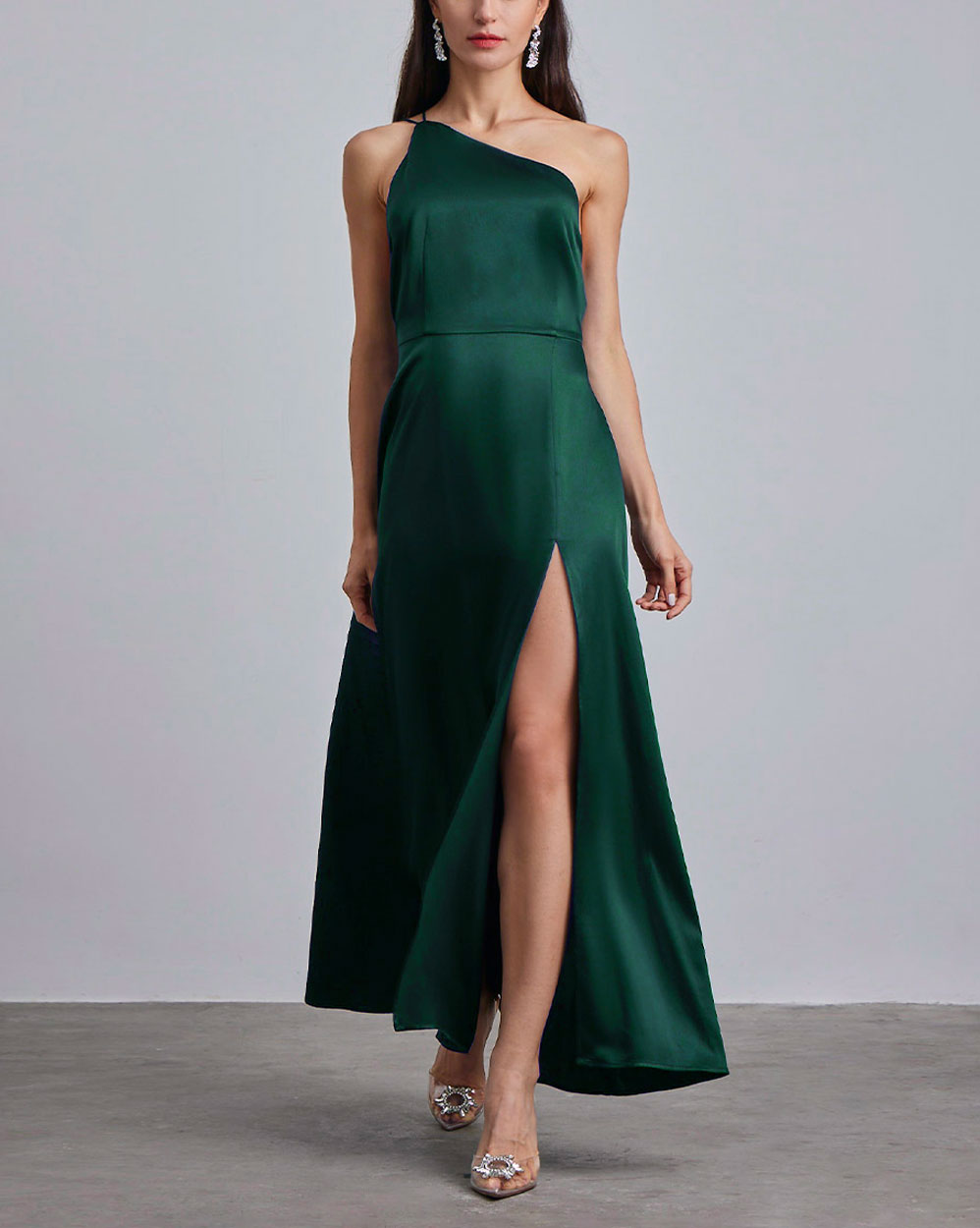 Silk One Shoulder Maxi Dress - Turquoise Green, XXS image
