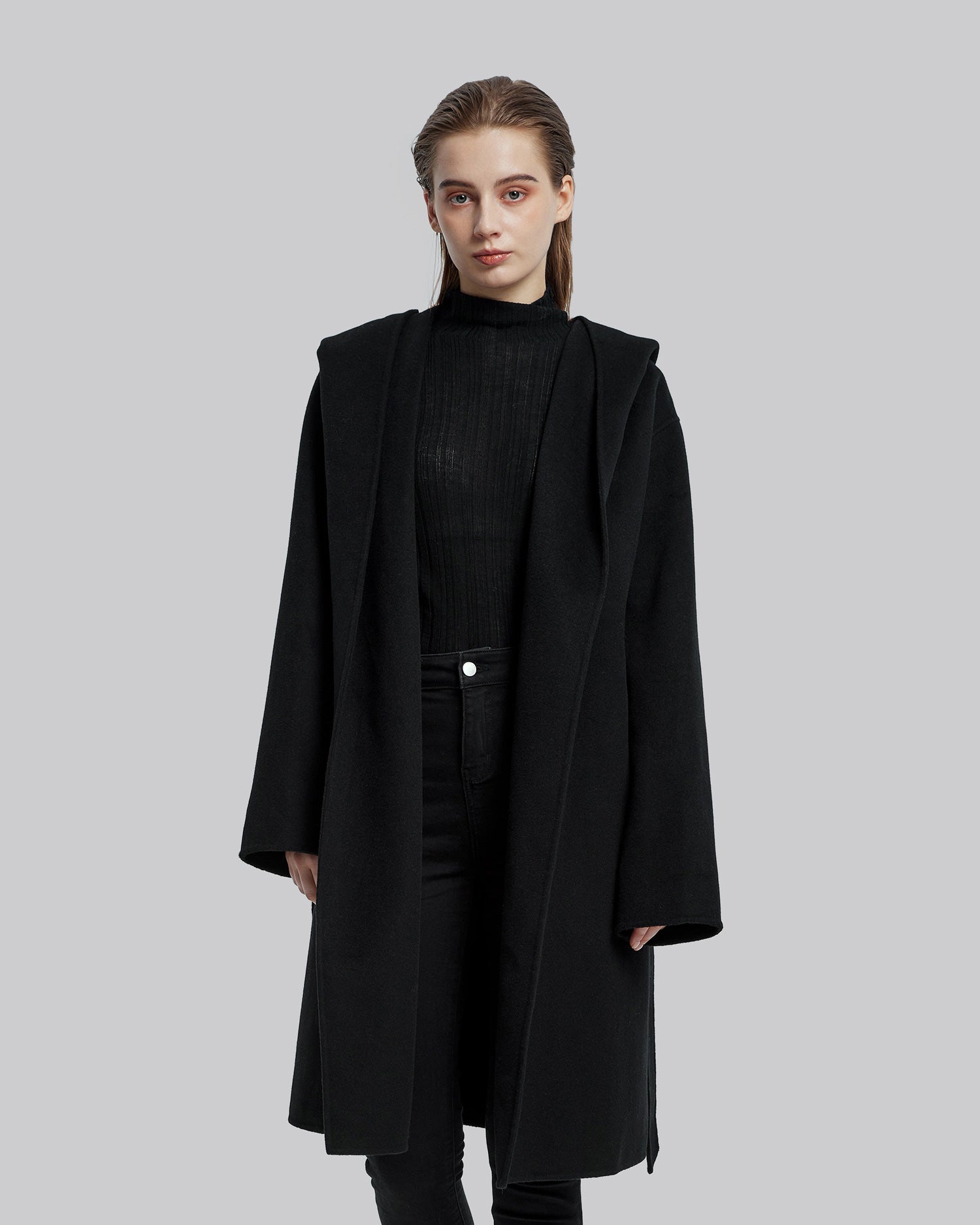 Hooded Wool Coat with Large V-Lapels image 1