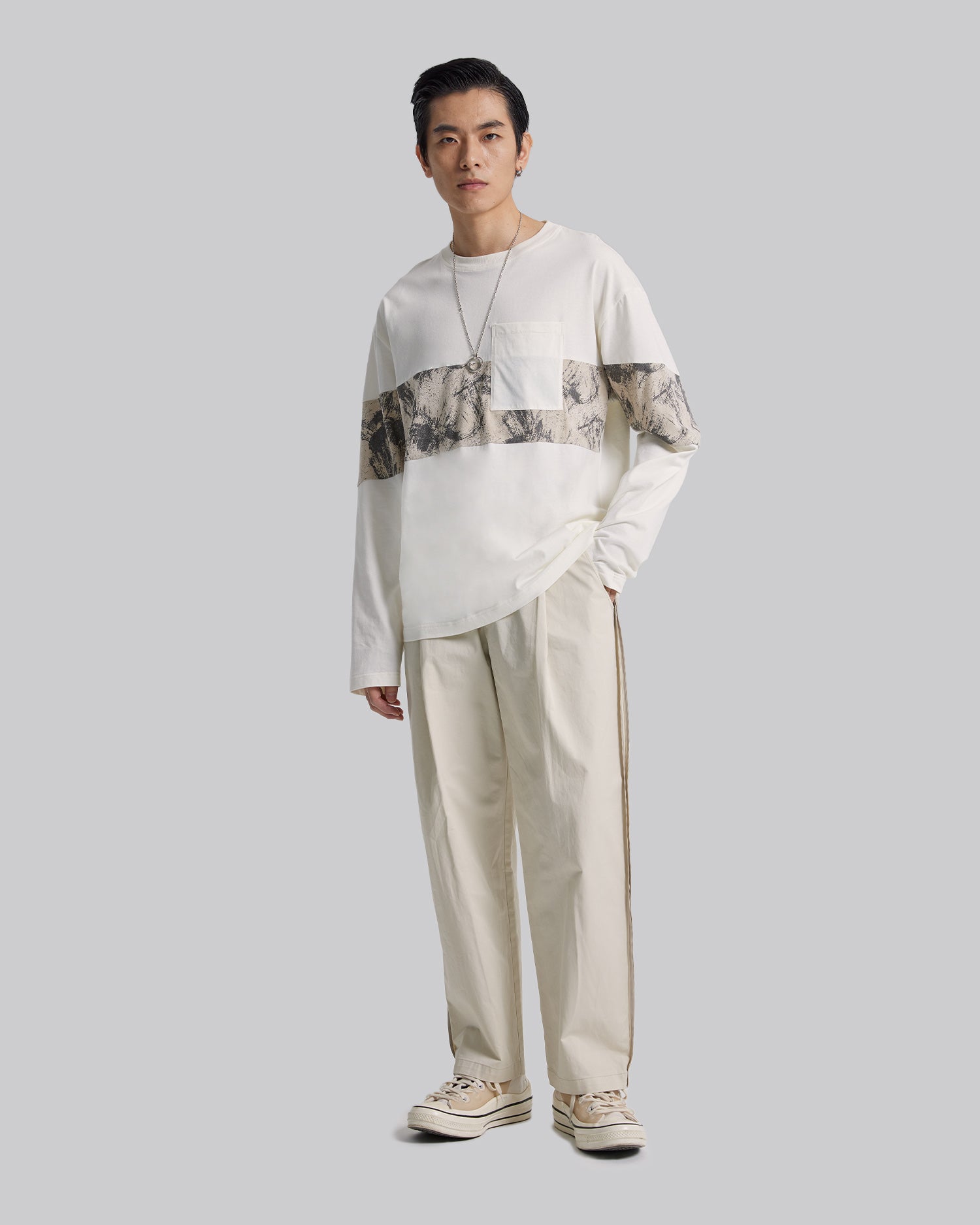 Art Pattern Paneled Long-Sleeve Tee - Cream, S image