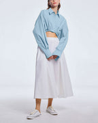 Cropped Drawstring Cotton Shirt - Baby blue, M image
