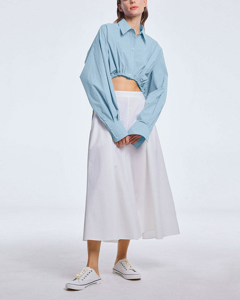 Cropped Drawstring Cotton Shirt - Baby blue, M image