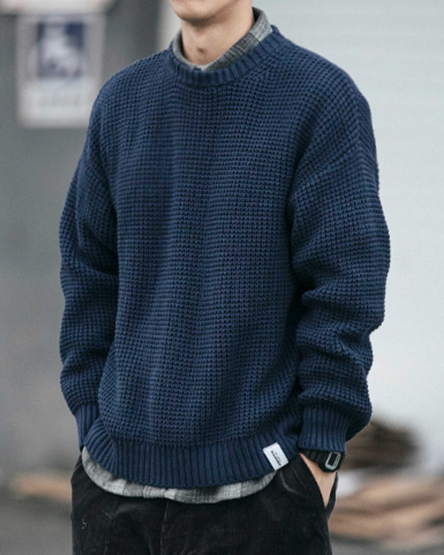 Waffle Crewneck Knit Jumper - Navy, XL image
