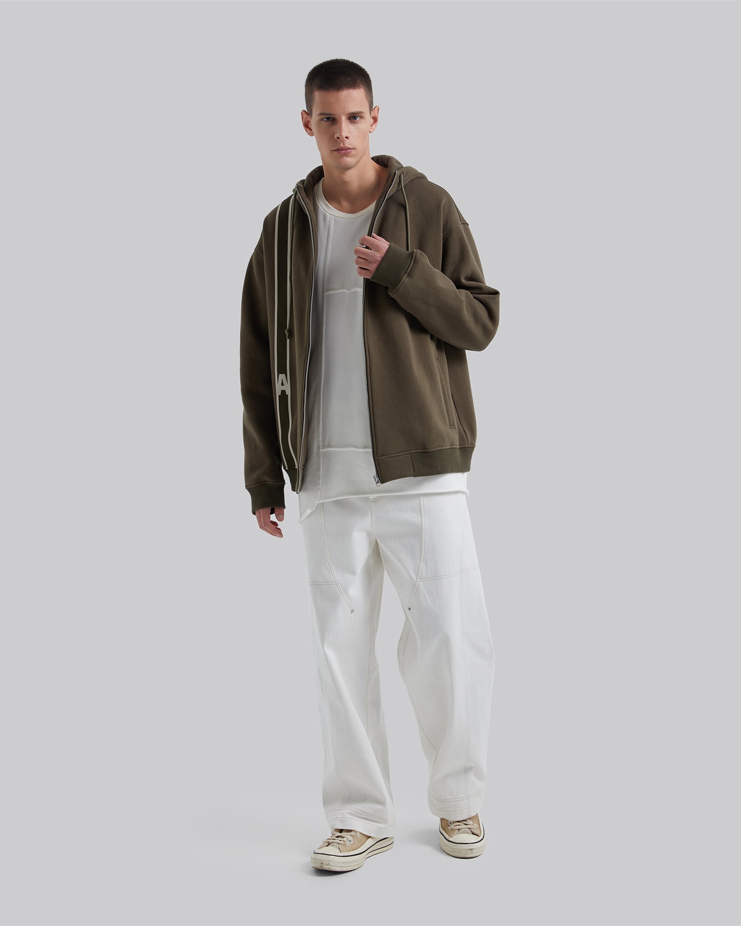 Side-Tape Zip Up Hoodie - Olive Green, S image