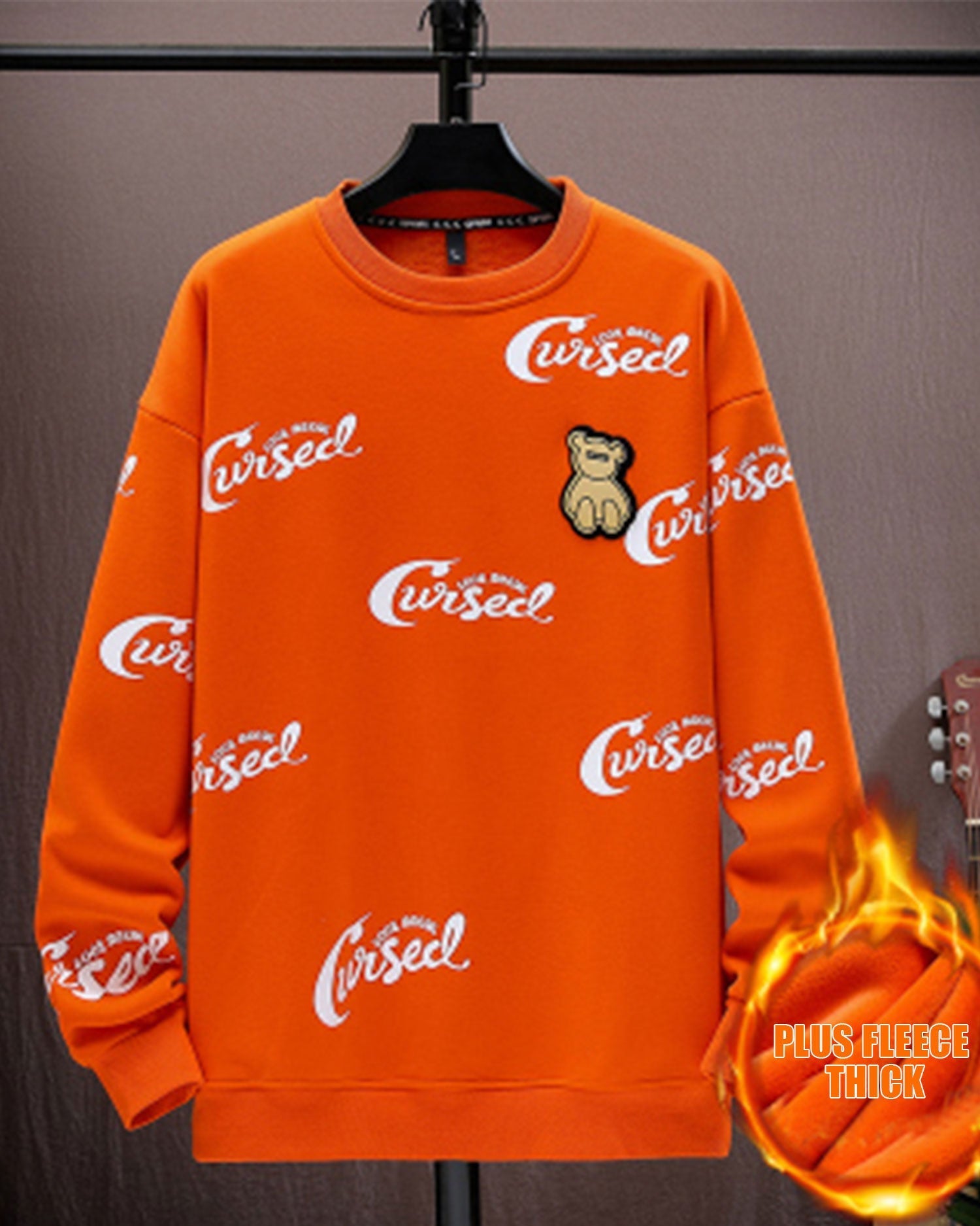 Printed Crewneck Cotton Sweatshirt - Coral Orange, XL image