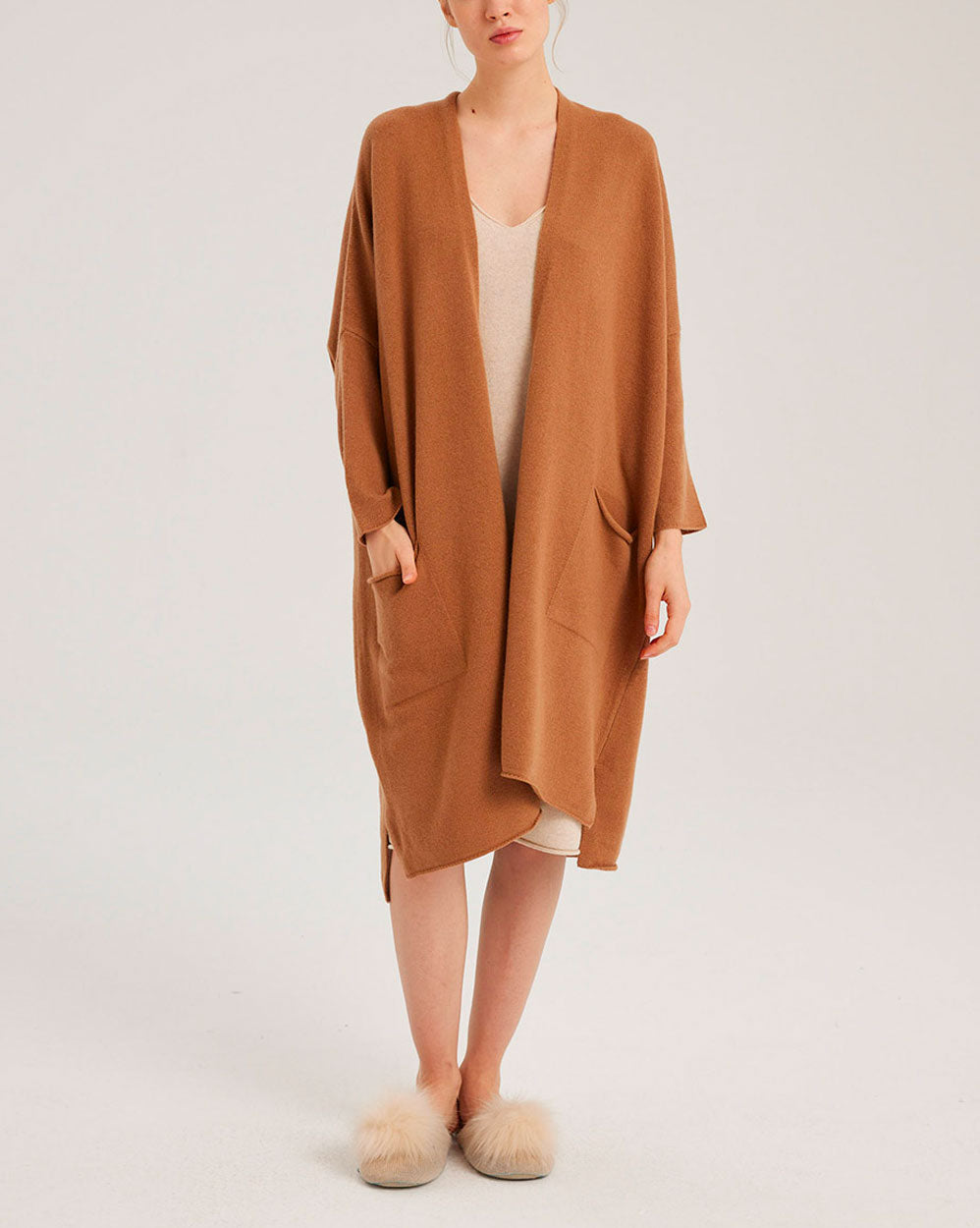 Pure Wool Open Front Long Cardigan - Tawny, S image