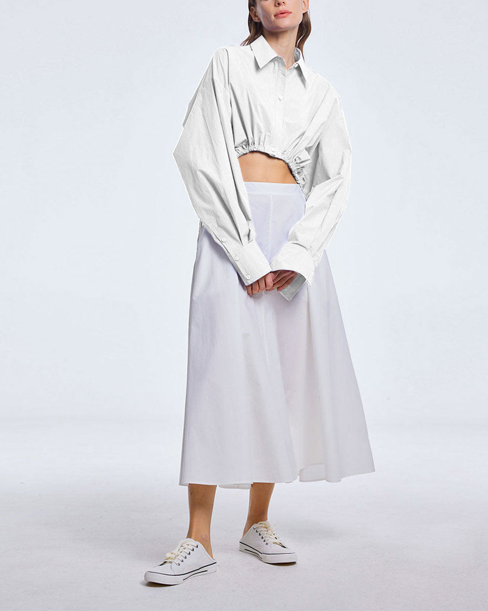 Cropped Drawstring Cotton Shirt - White, L image