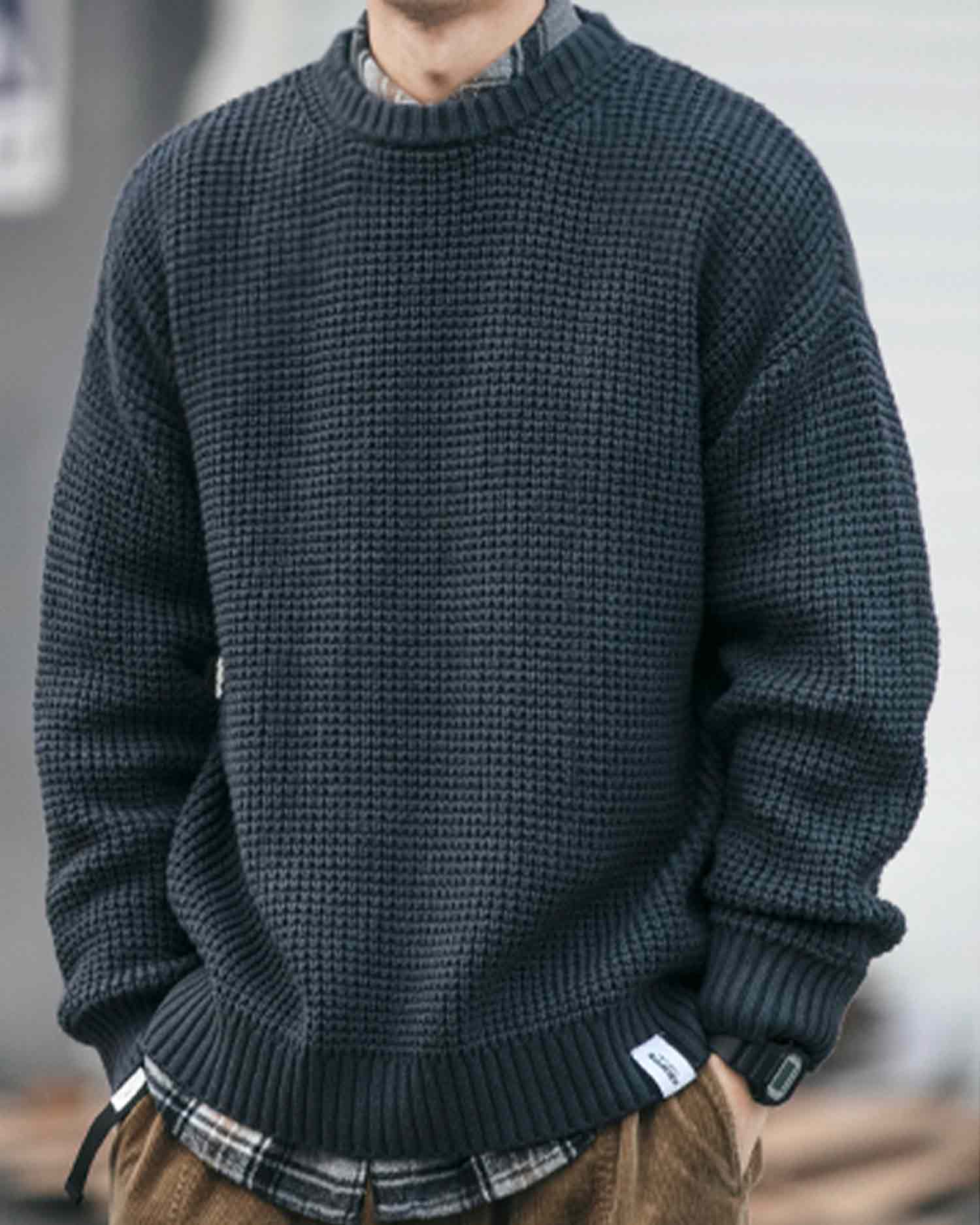 Waffle Crewneck Knit Jumper - Black Grey, XL image