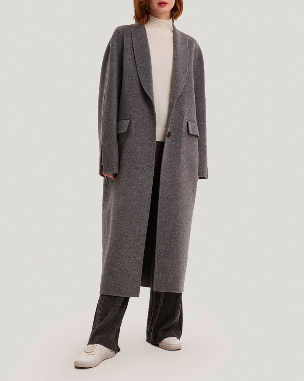 Single-Breasted Back Vent Long Wool Coat - Smoke, M image