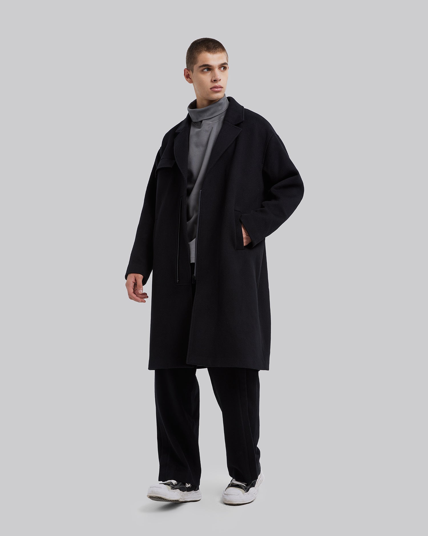 Zip Front Wool Long Coat - Black, S image