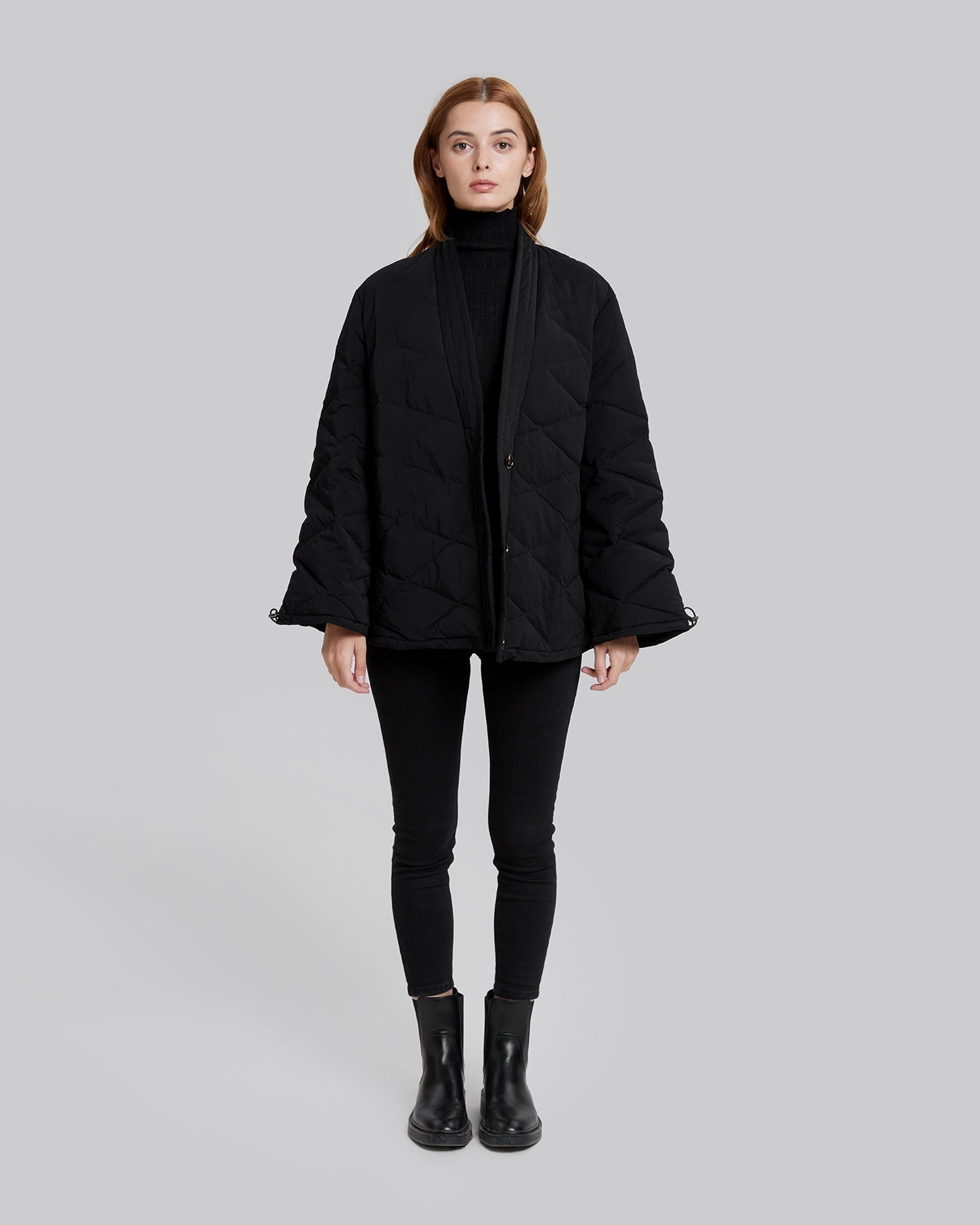 V-Neck Buttoned Puffer Jacket - Black, XL image