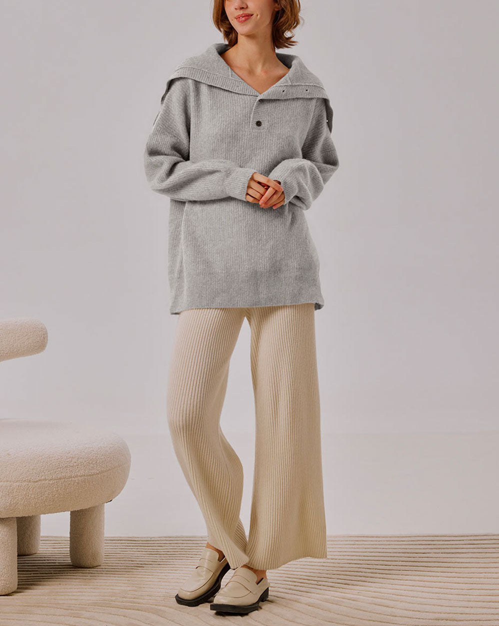 Wool Buttoned Pullover - Grey, L image