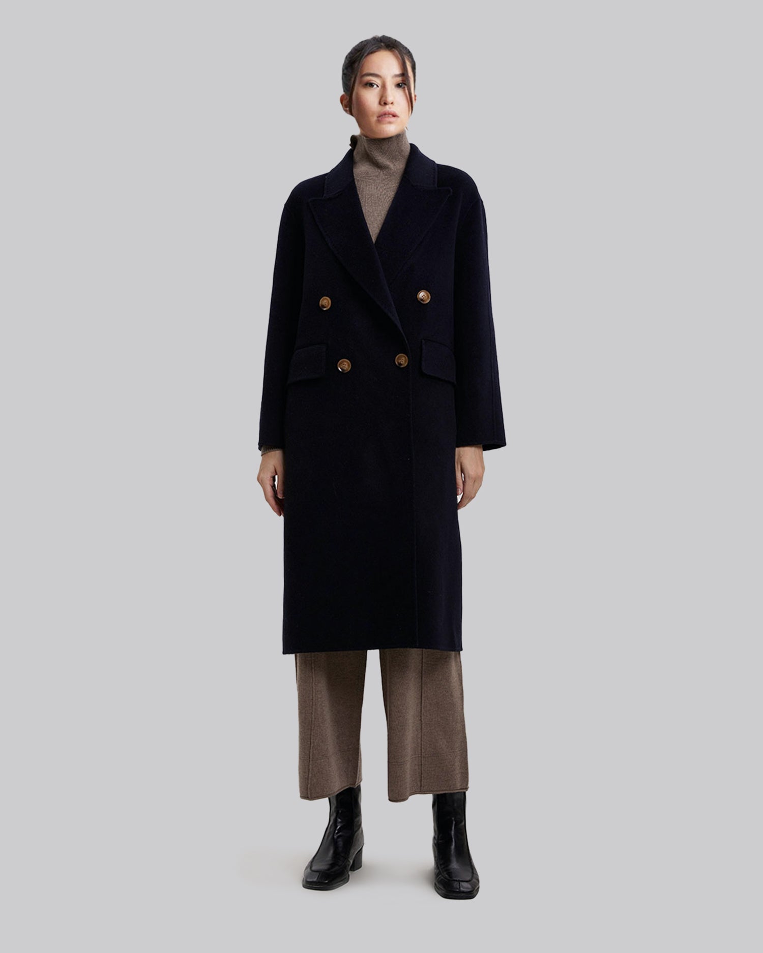 Double-Breasted Midi Wool Coat - Black, S image