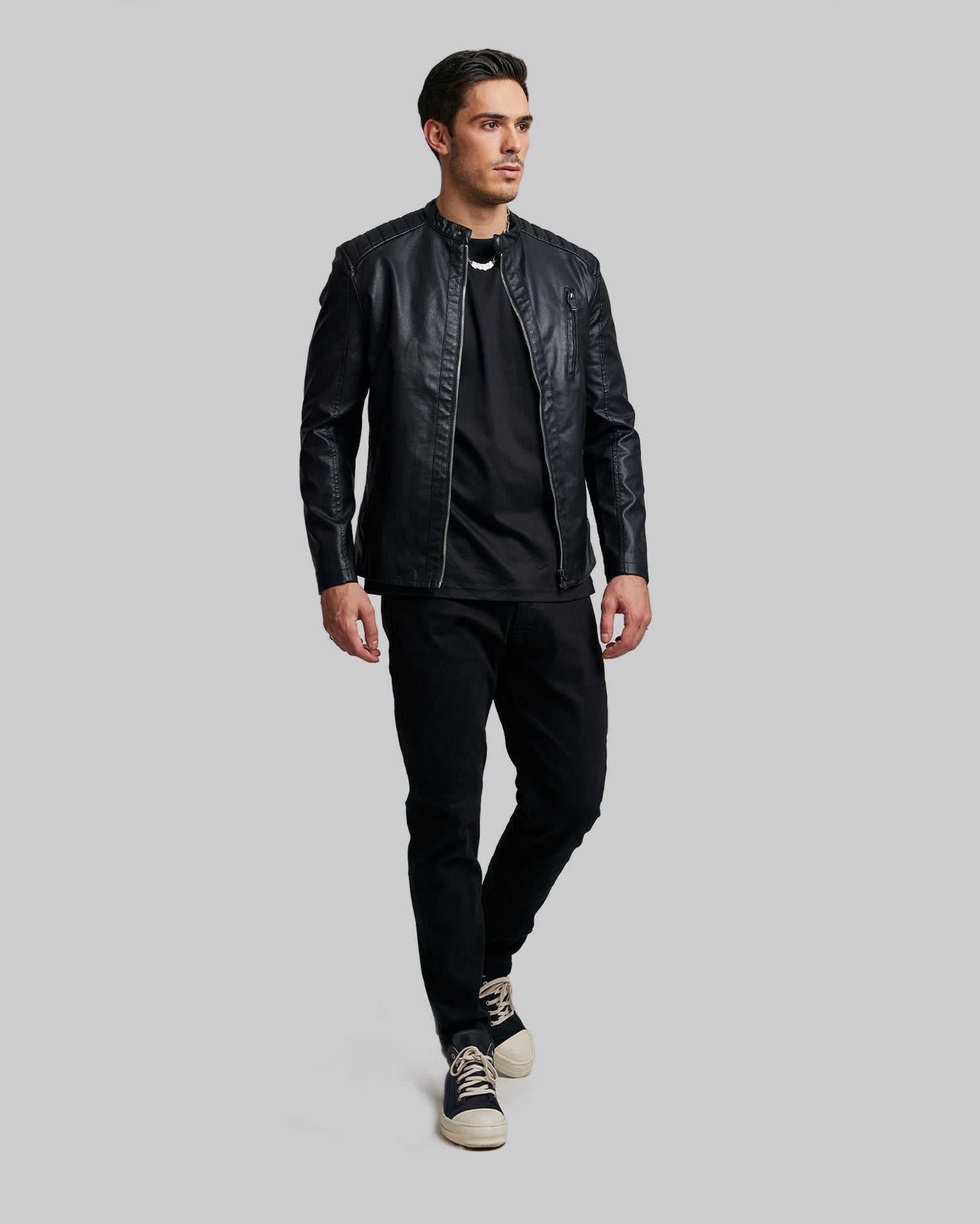 Biker Jacket with Chest Zipper Pocket - Black, S image