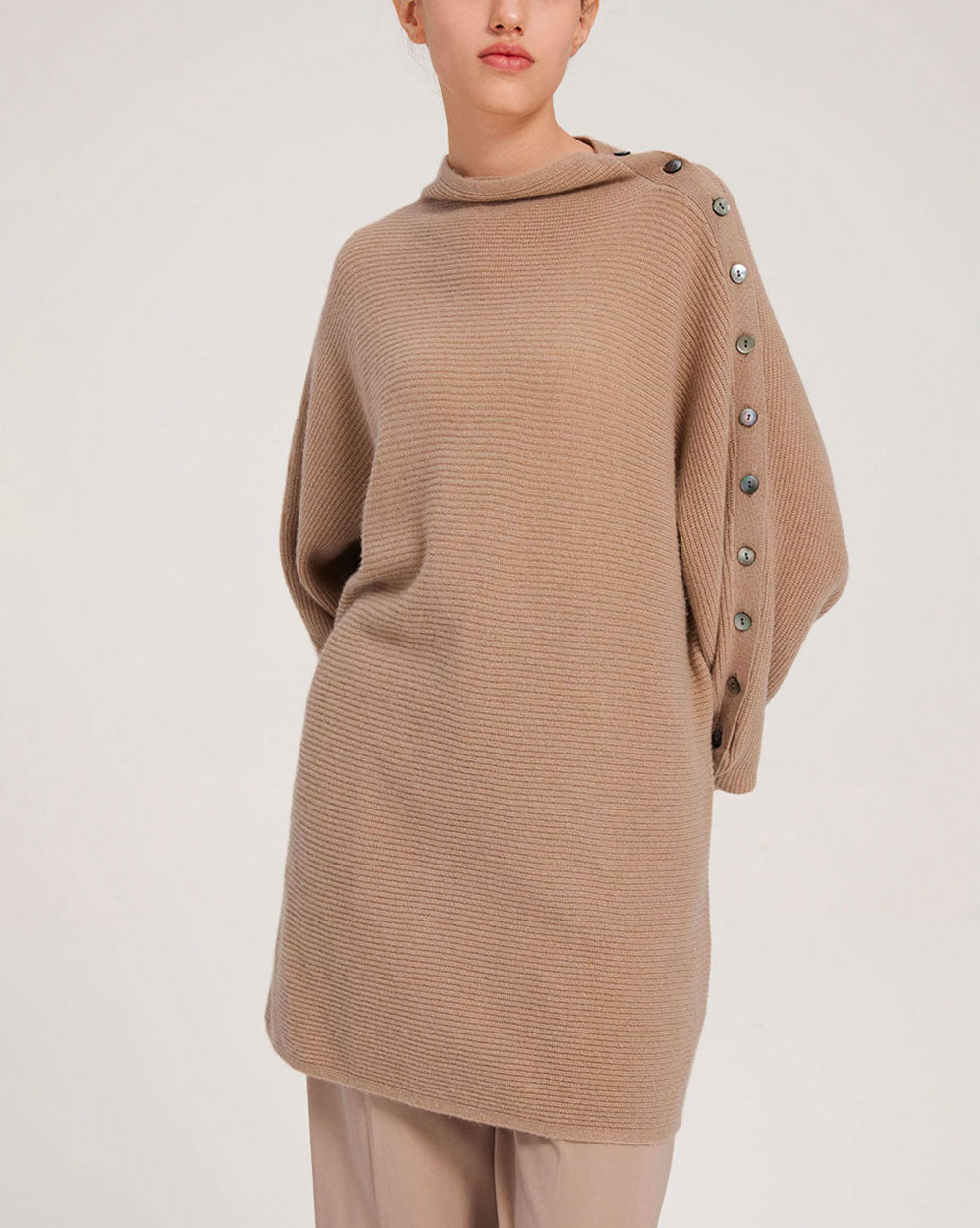 Button-Sleeve Cashmere Sweater - Taupe, M image