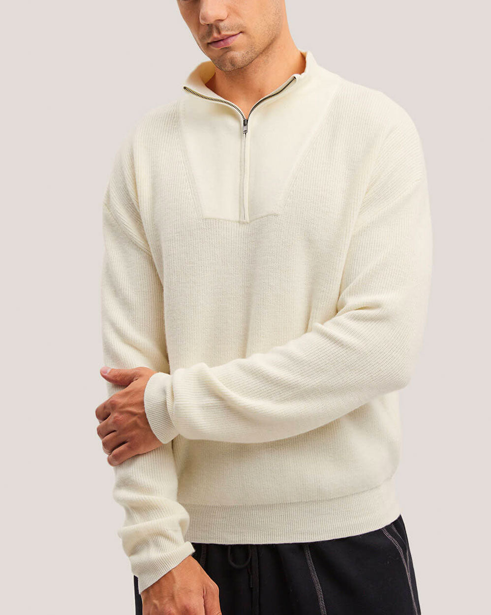 100% Merino Wool Half-Zip Sweater - Ivory, M image
