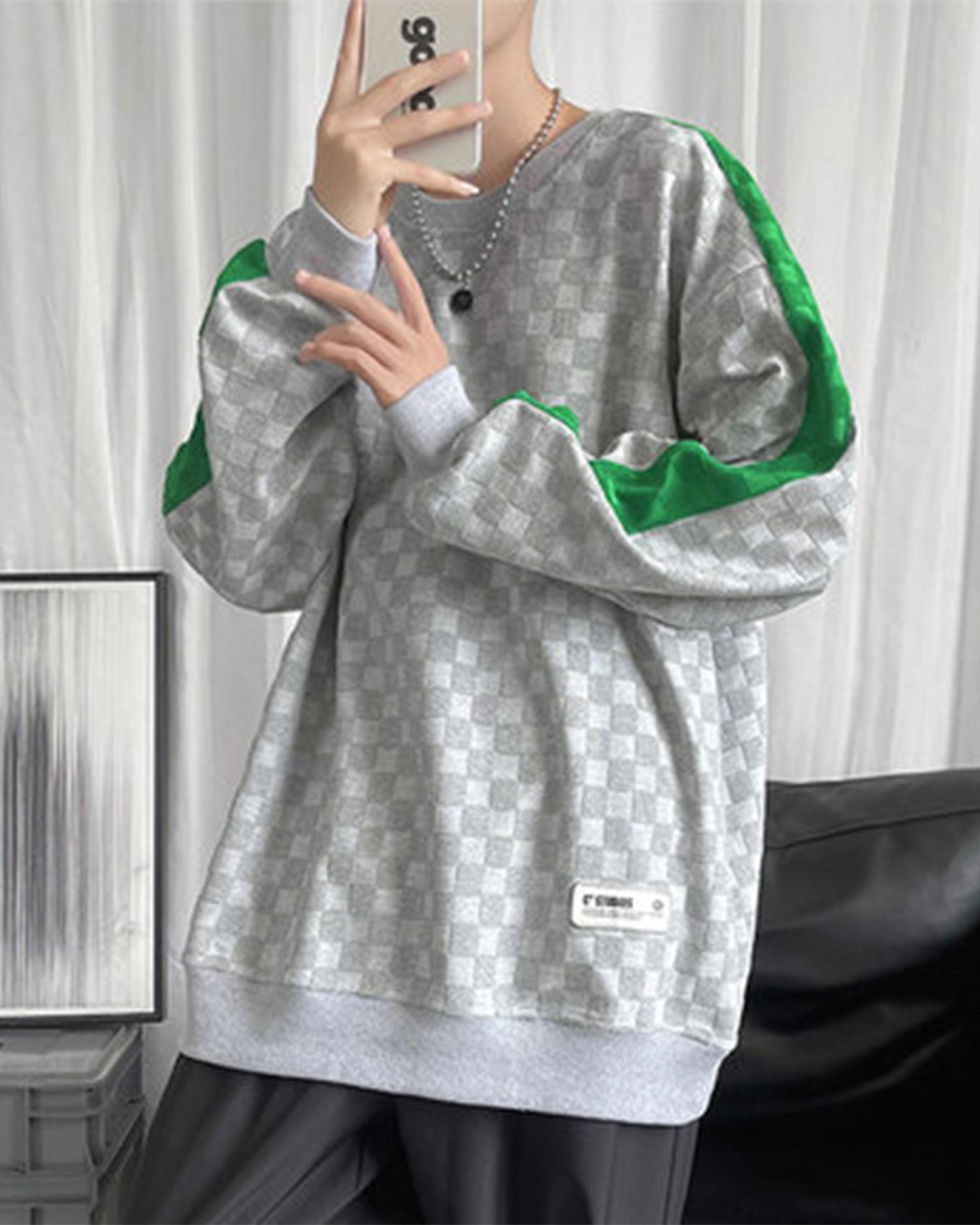 Plaid Jacquard Crewneck Sweatshirt - Light Grey, XXL image