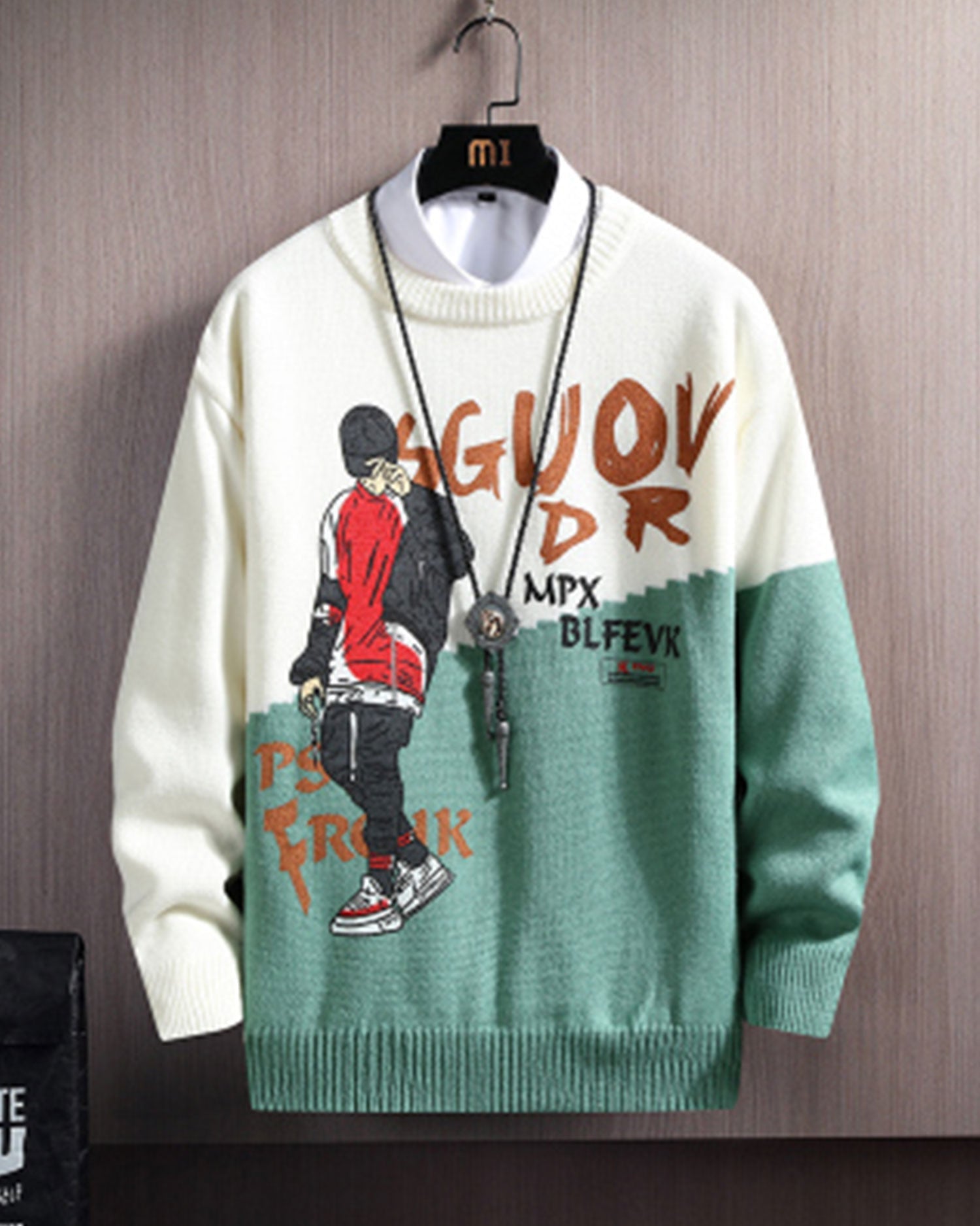 Printed Colorblock Knit Jumper - Turquoise, XXXL image