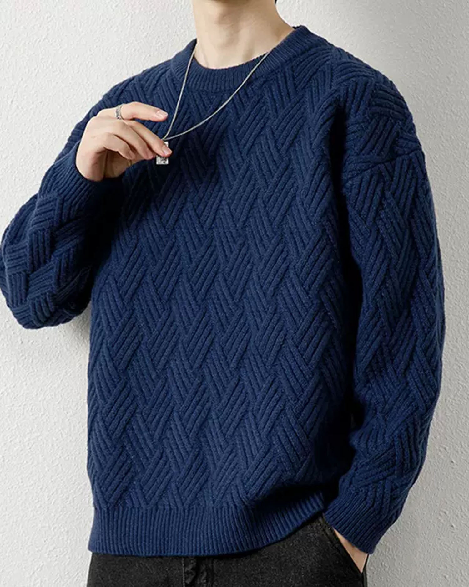Crewneck Cable-Knit Jumper - Navy, XXL image